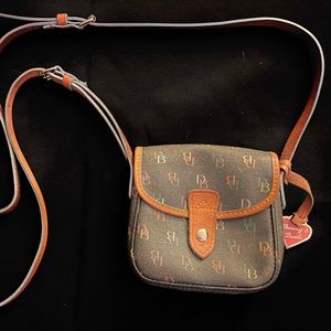 Dooney & Bourke Black Crossbody in Classic Multi Color Letter Canvas